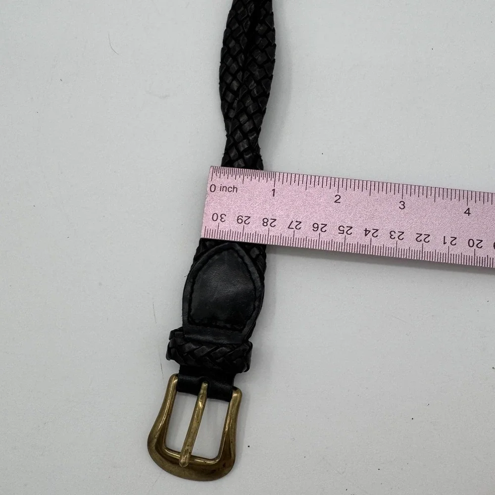 Talbots Genuine Leather Braided Belt Solid Brass Buckle Black XS VTG 6309‎ Boho